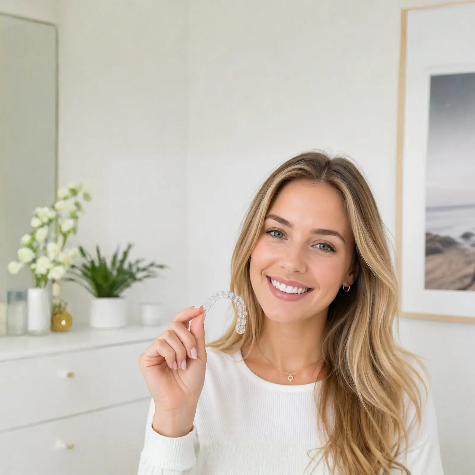 Woman smiling confidently with straight teeth from Invisalign treatment